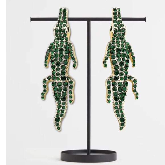 Gold Dipped Rhinestone CZ Bling Green Alligator Crocodile Gem Earrings NEW - Picture 3 of 4